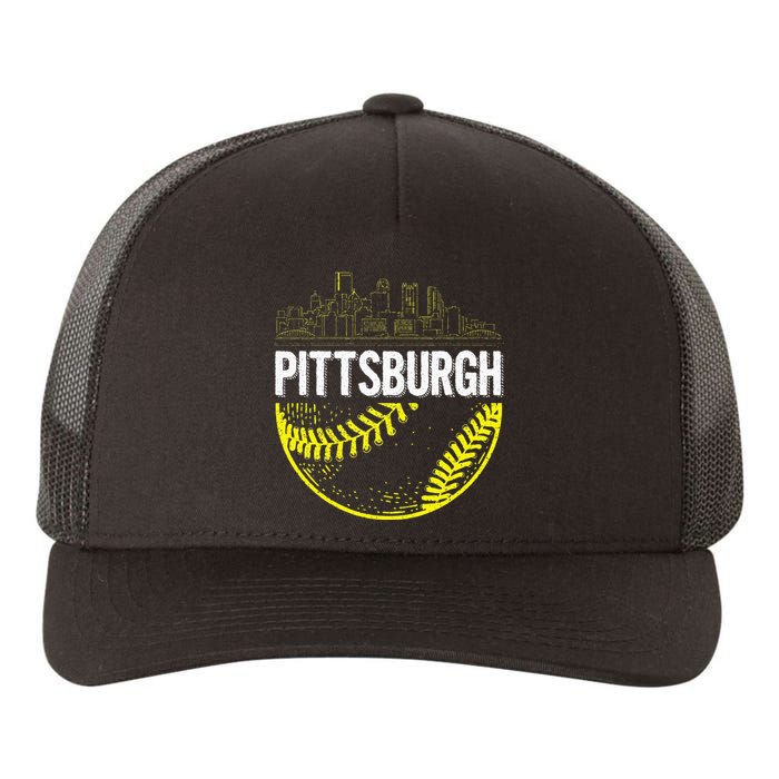 Pittsburgh Baseball Cityscape Distressed Yupoong Adult 5-Panel Trucker Hat