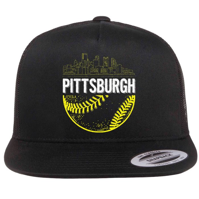 Pittsburgh Baseball Cityscape Distressed Flat Bill Trucker Hat