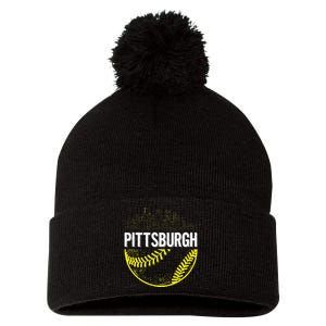 Pittsburgh Baseball Cityscape Distressed Pom Pom 12in Knit Beanie