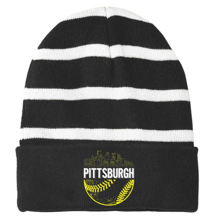 Pittsburgh Baseball Cityscape Distressed Striped Beanie with Solid Band