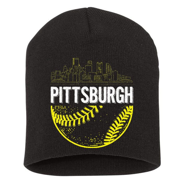 Pittsburgh Baseball Cityscape Distressed Short Acrylic Beanie