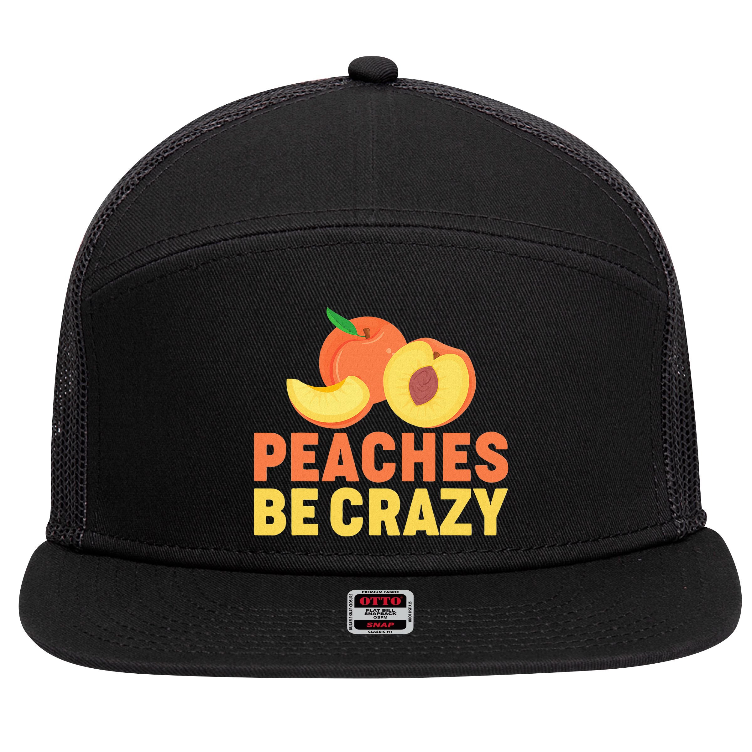 Peaches Be Crazy Funny Peach Pun Fruit Georgia Iced Tea 7 Panel Mesh Trucker Snapback Hat