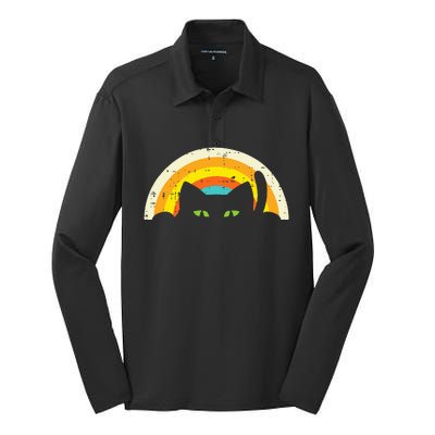 Peeping Black Cat Rainbow Vintage Halloween Silk Touch Performance Long Sleeve Polo