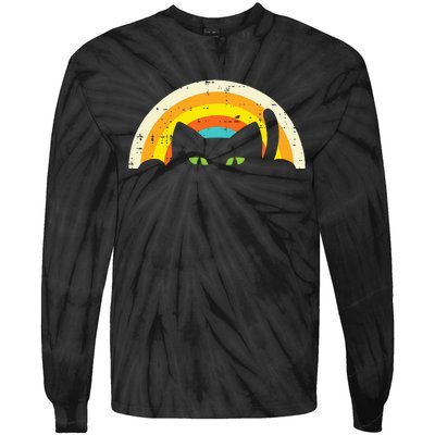 Peeping Black Cat Rainbow Vintage Halloween Tie-Dye Long Sleeve Shirt