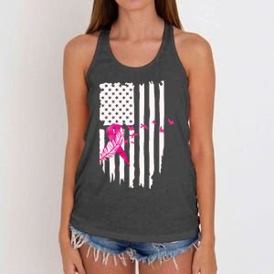 Patriot Breast Cancer Awareness Ribbon With Doves And Feather Gift Women's Knotted Racerback Tank