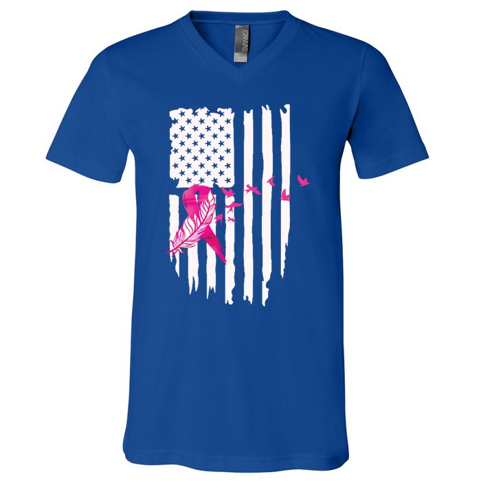 Patriot Breast Cancer Awareness Ribbon With Doves And Feather Gift V-Neck T-Shirt