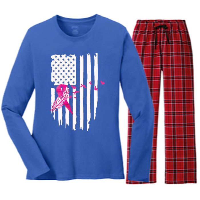 Patriot Breast Cancer Awareness Ribbon With Doves And Feather Gift Women's Long Sleeve Flannel Pajama Set 