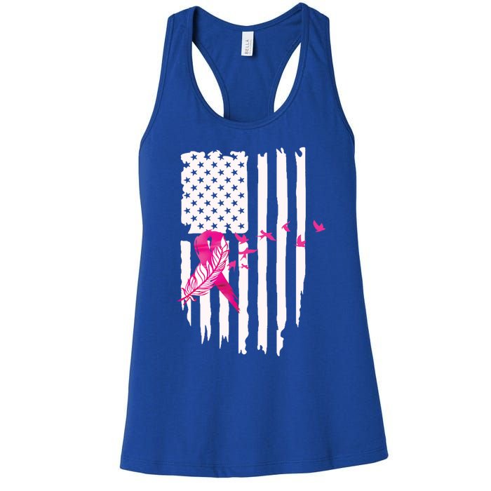 Patriot Breast Cancer Awareness Ribbon With Doves And Feather Gift Women's Racerback Tank