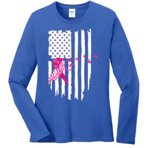 Patriot Breast Cancer Awareness Ribbon With Doves And Feather Gift Ladies Long Sleeve Shirt