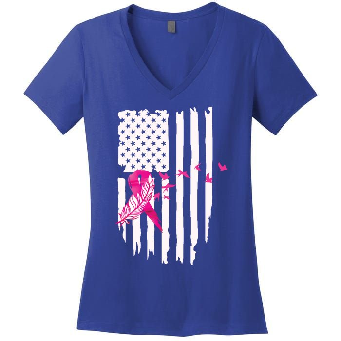 Patriot Breast Cancer Awareness Ribbon With Doves And Feather Gift Women's V-Neck T-Shirt