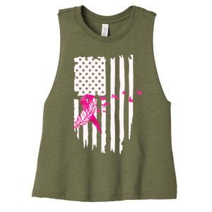 Patriot Breast Cancer Awareness Ribbon With Doves And Feather Gift Women's Racerback Cropped Tank