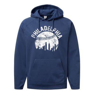 Philadelphia Baseball City Skyline Vintage Performance Fleece Hoodie