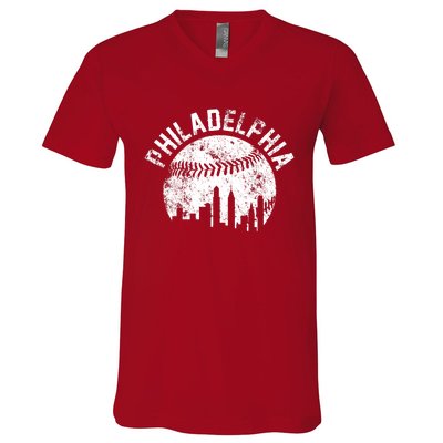 Philadelphia Baseball City Skyline Vintage V-Neck T-Shirt