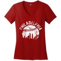 Philadelphia Baseball City Skyline Vintage Women's V-Neck T-Shirt