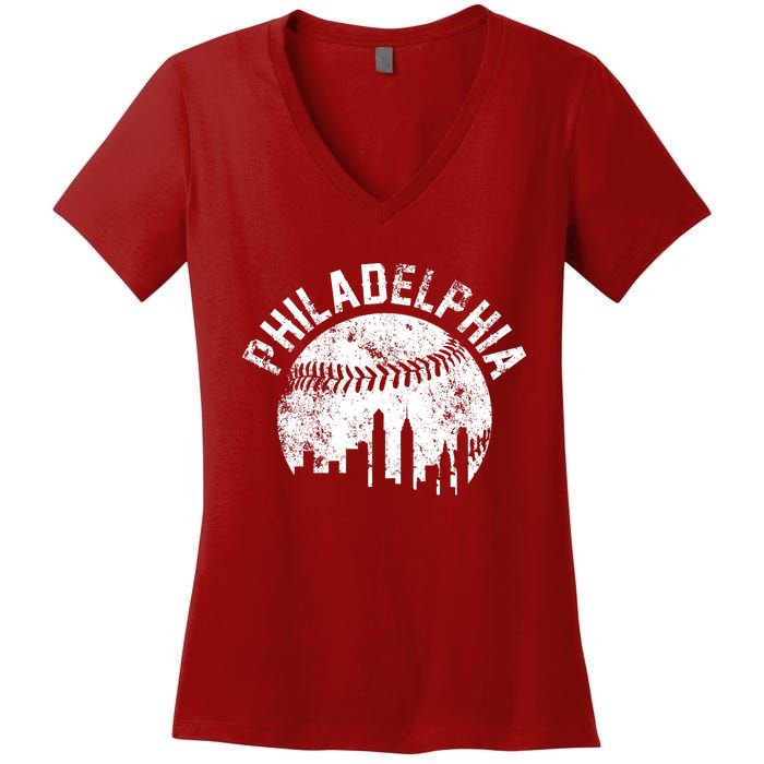 Philadelphia Baseball City Skyline Vintage Women's V-Neck T-Shirt