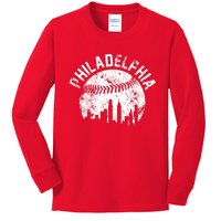 Philadelphia Baseball City Skyline Vintage Kids Long Sleeve Shirt