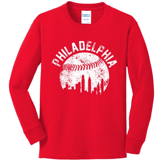 Philadelphia Baseball City Skyline Vintage Kids Long Sleeve Shirt