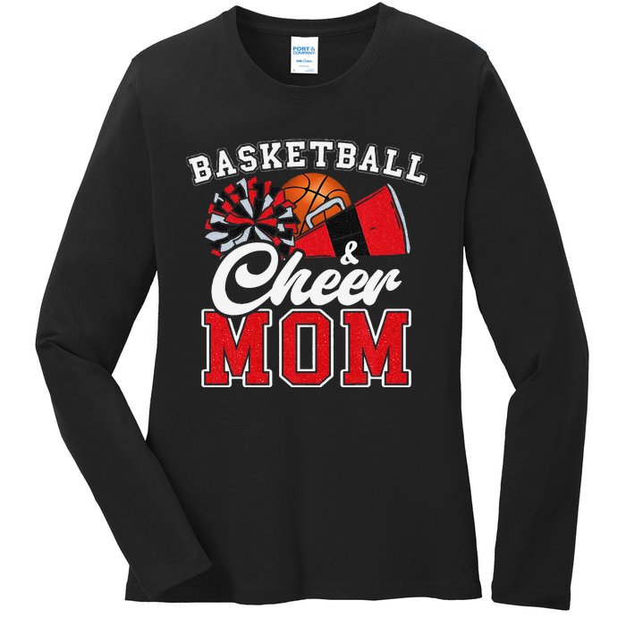 Proud Basketball & Cheer Mom Cheerleader Mom Mama Red Ladies Long Sleeve Shirt