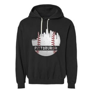 Pittsburgh Baseball Cityscape Distressed Novelty Pirate Gift Garment-Dyed Fleece Hoodie