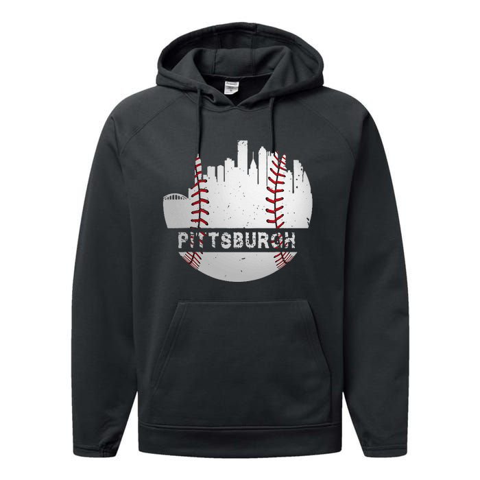 Pittsburgh Baseball Cityscape Distressed Novelty Pirate Gift Performance Fleece Hoodie