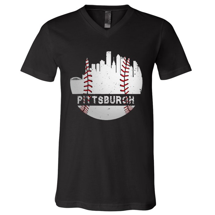 Pittsburgh Baseball Cityscape Distressed Novelty Pirate Gift V-Neck T-Shirt