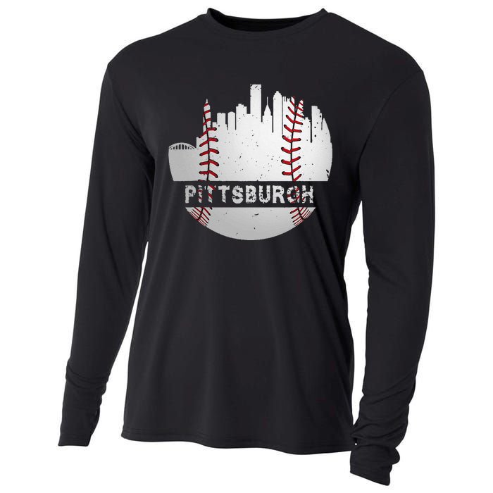 Pittsburgh Baseball Cityscape Distressed Novelty Pirate Gift Cooling Performance Long Sleeve Crew