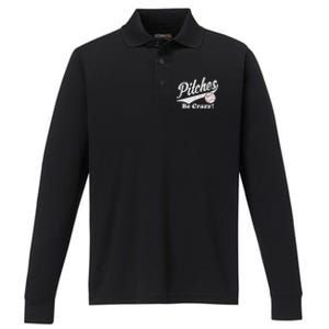 PITCHES BE CRAZY FUNNY BASEBALL MEME Performance Long Sleeve Polo