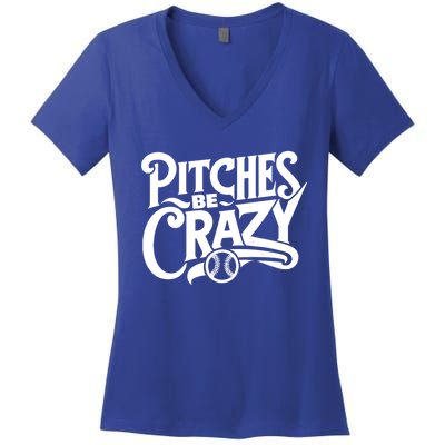 Pitches Be Crazy Softball Pitcher Gift Women's V-Neck T-Shirt