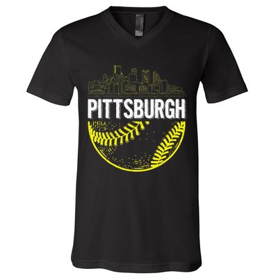 Pittsburgh Baseball Cityscape Distressed V-Neck T-Shirt