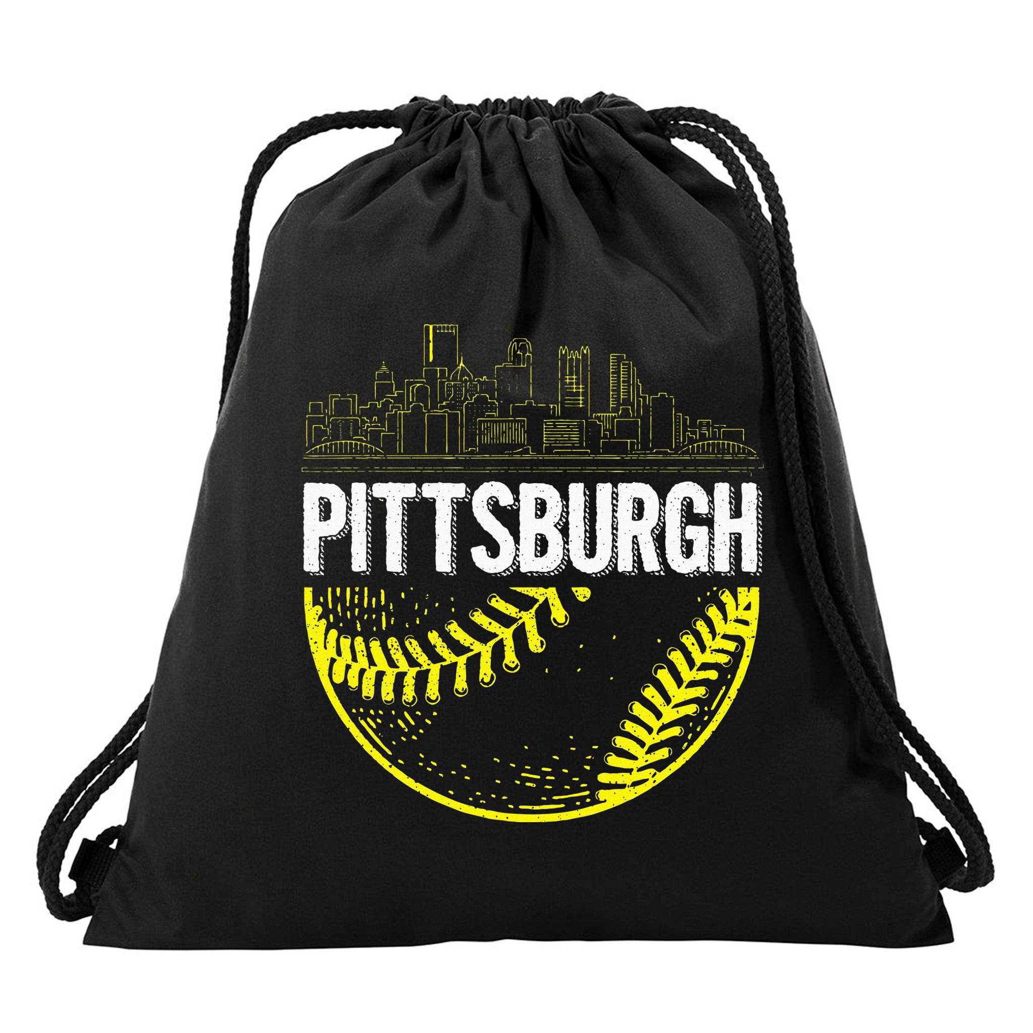 Pittsburgh Baseball Cityscape Distressed Drawstring Bag