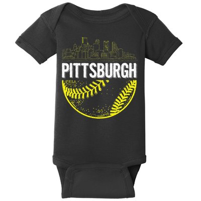 Pittsburgh Baseball Cityscape Distressed Baby Bodysuit