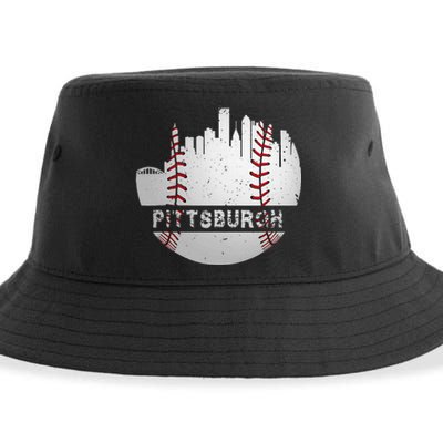 Pittsburgh Baseball Cityscape Distressed Novelty Pirate Gift Sustainable Bucket Hat