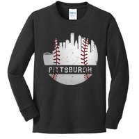 Pittsburgh Baseball Cityscape Distressed Novelty Pirate Gift Kids Long Sleeve Shirt