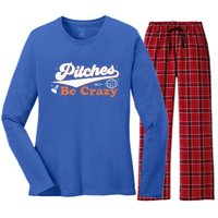 Pitches Be Crazy Funny Badminton Players Pitches Sport Lover Gift Women's Long Sleeve Flannel Pajama Set 