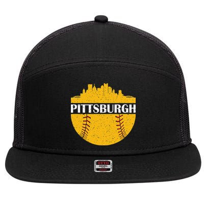 Pittsburgh Baseball Cityscape Distressed Novelty Pirate 7 Panel Mesh Trucker Snapback Hat