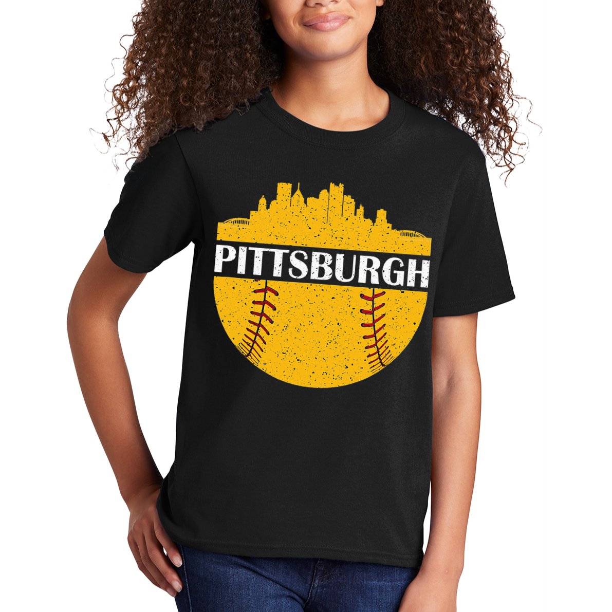 Pittsburgh Baseball Cityscape Distressed Novelty Pirate Kids T-Shirt