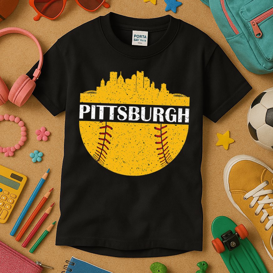 Pittsburgh Baseball Cityscape Distressed Novelty Pirate Kids T-Shirt