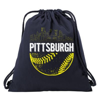 Pittsburgh Baseball Cityscape Distressed Drawstring Bag