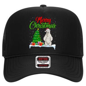 Polar Bear Christmas Tree Lights Funny Xmas Polar Bear Lover High Crown Mesh Back Trucker Hat