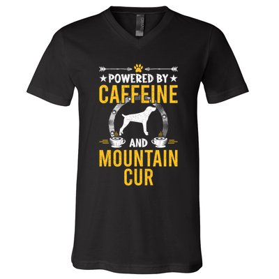 Powered By Caffeine And Mountain Cur Dog Lovers Long Sleeve V-Neck T-Shirt