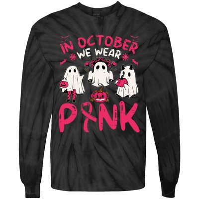 Pink Breast Cancer Awareness Ghost Halloween Costume Tie-Dye Long Sleeve Shirt