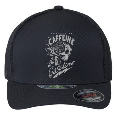 Powered By Caffeine And Gasoline Flexfit Unipanel Trucker Cap