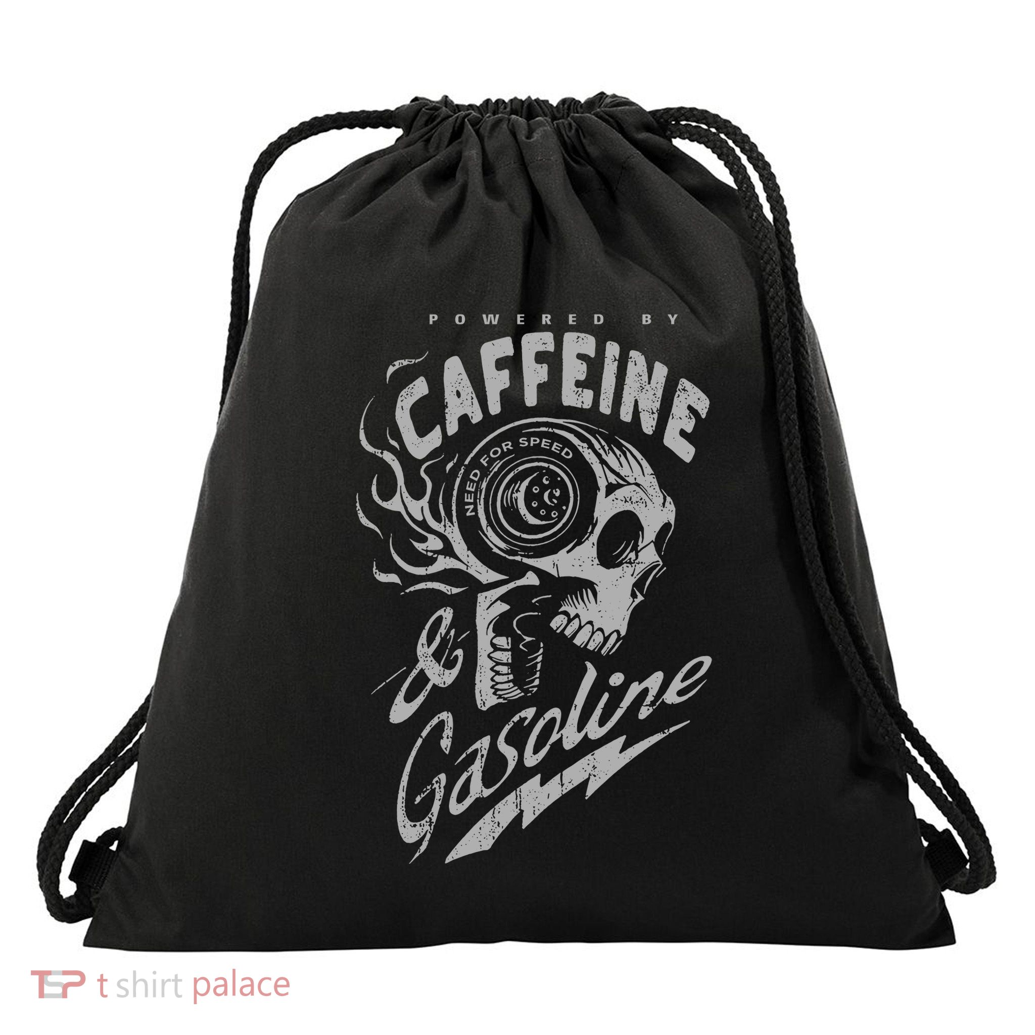 Powered By Caffeine And Gasoline Drawstring Bag