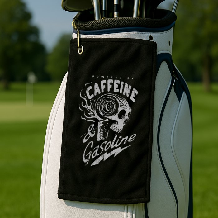 Powered By Caffeine And Gasoline Golf Towel