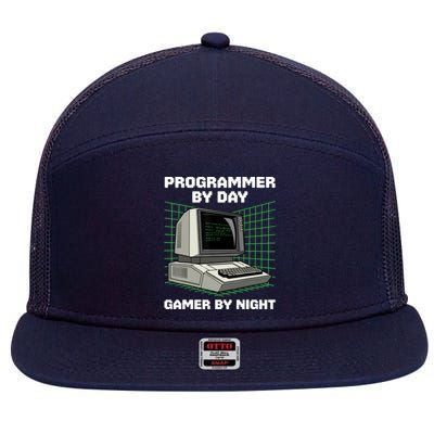 Programmer By Day Gamer By Night Funny IT Nerd Geek 7 Panel Mesh Trucker Snapback Hat