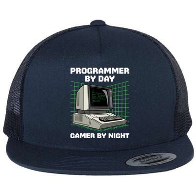 Programmer By Day Gamer By Night Funny IT Nerd Geek Flat Bill Trucker Hat