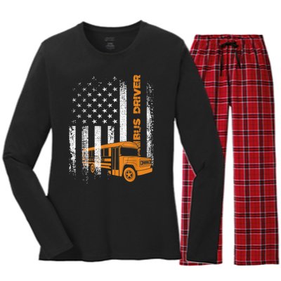 Patriotic Bus Driver USA American Flag School Bus Driver Women's Long Sleeve Flannel Pajama Set 