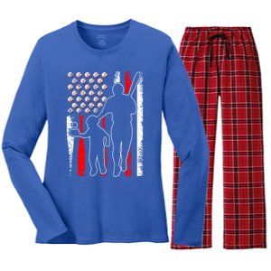 Proud Baseball Dad Papa Grandpa American Flag Fathers Day Gift Women's Long Sleeve Flannel Pajama Set 