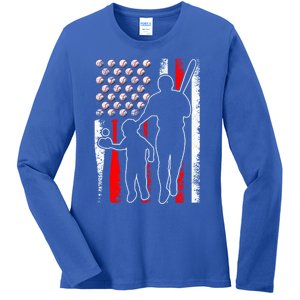 Proud Baseball Dad Papa Grandpa American Flag Fathers Day Gift Ladies Long Sleeve Shirt