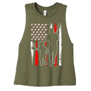 Proud Baseball Dad Papa Grandpa American Flag Fathers Day Gift Women's Racerback Cropped Tank